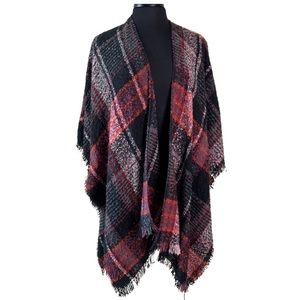 EVEREVE Red Black Plaid Ruana Shawl Woven Fringe Edge